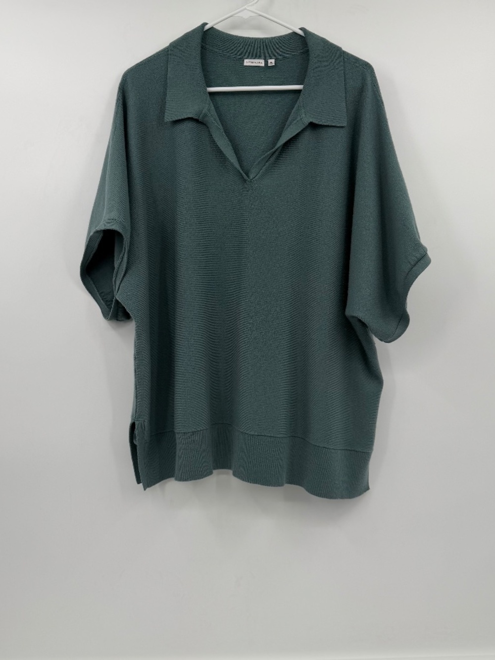24/7 Soma Sweater Women XL Green Short Sleeve Oversized Knit V Neck Relaxed
